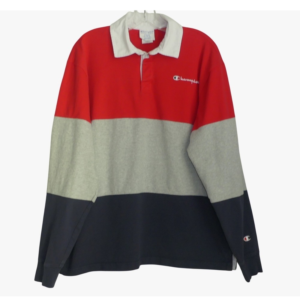 Champion Reverse Weave Rugby Shirt Mens Large Colorblock LS Cotton Casual Y2K